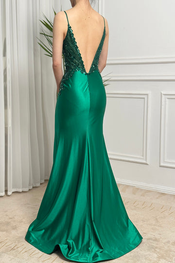 Sparkly Dark Green Mermaid Backless Prom Dress With Beaded Appliques